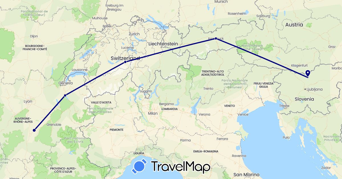 TravelMap itinerary: driving in Austria, Switzerland, France, Slovenia (Europe)